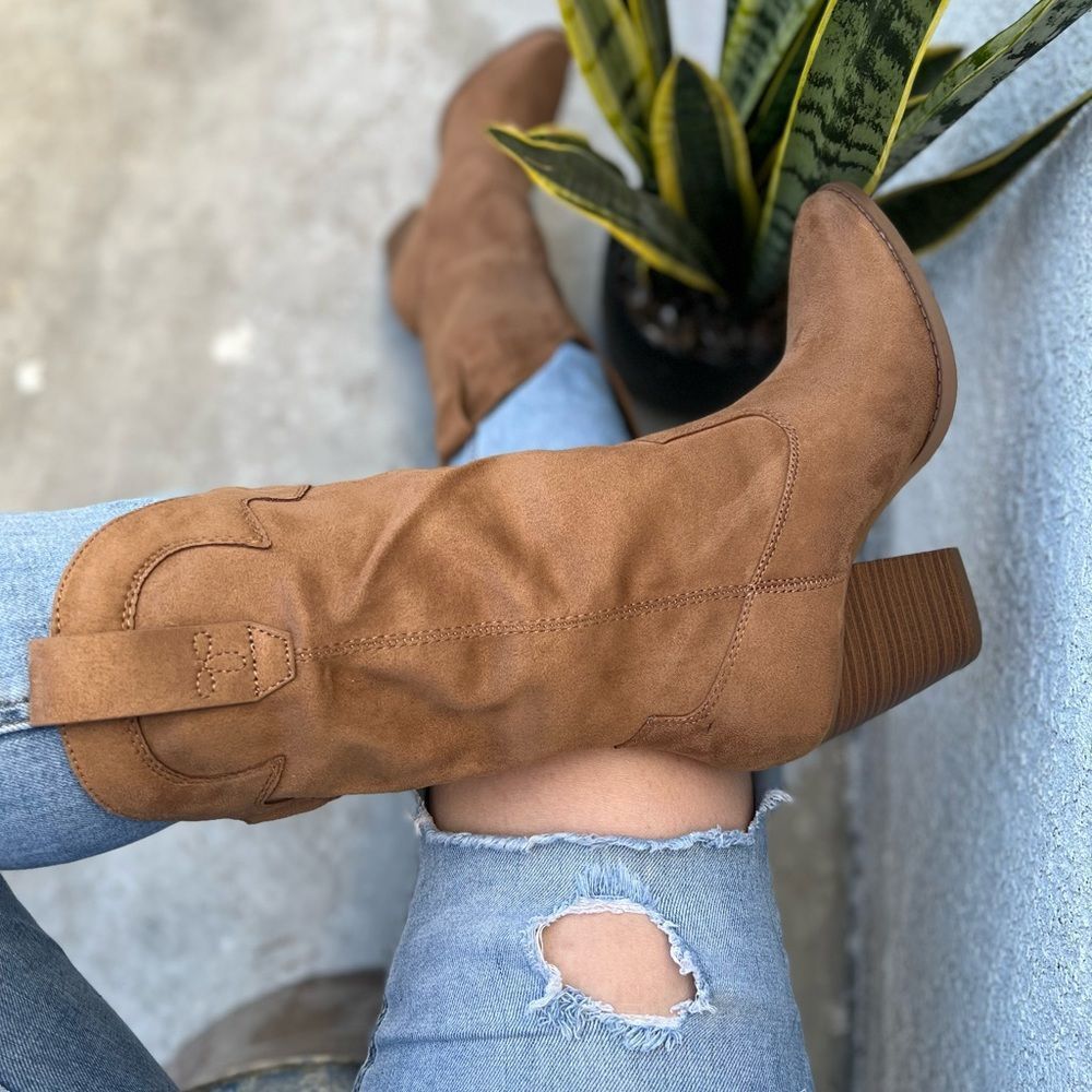 Tan Cowboy Western Faux Suede Boot